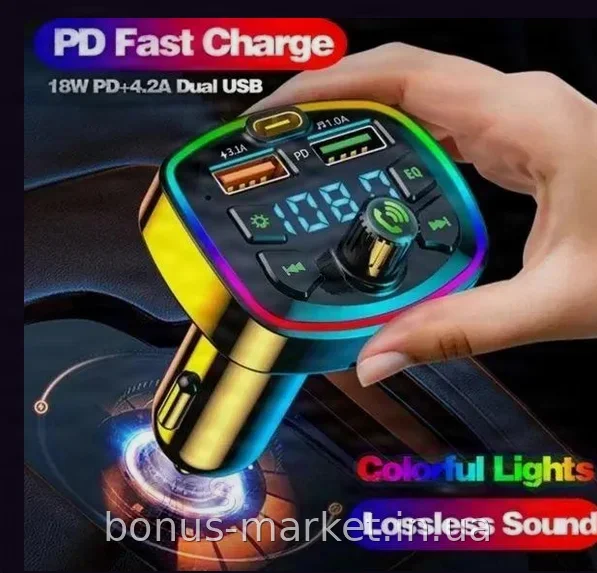 Автомобільний Bluetooth FM-трансмітер зі швидкою зарядкою USB-C, MP3-плеєр, підтримка microSD, вольтметр