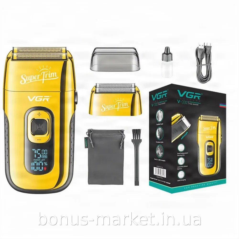 Электробритва VGR V-332 Gold аккумуляторная беспроводная для бритья бороды, сеточный шейвер с триммером