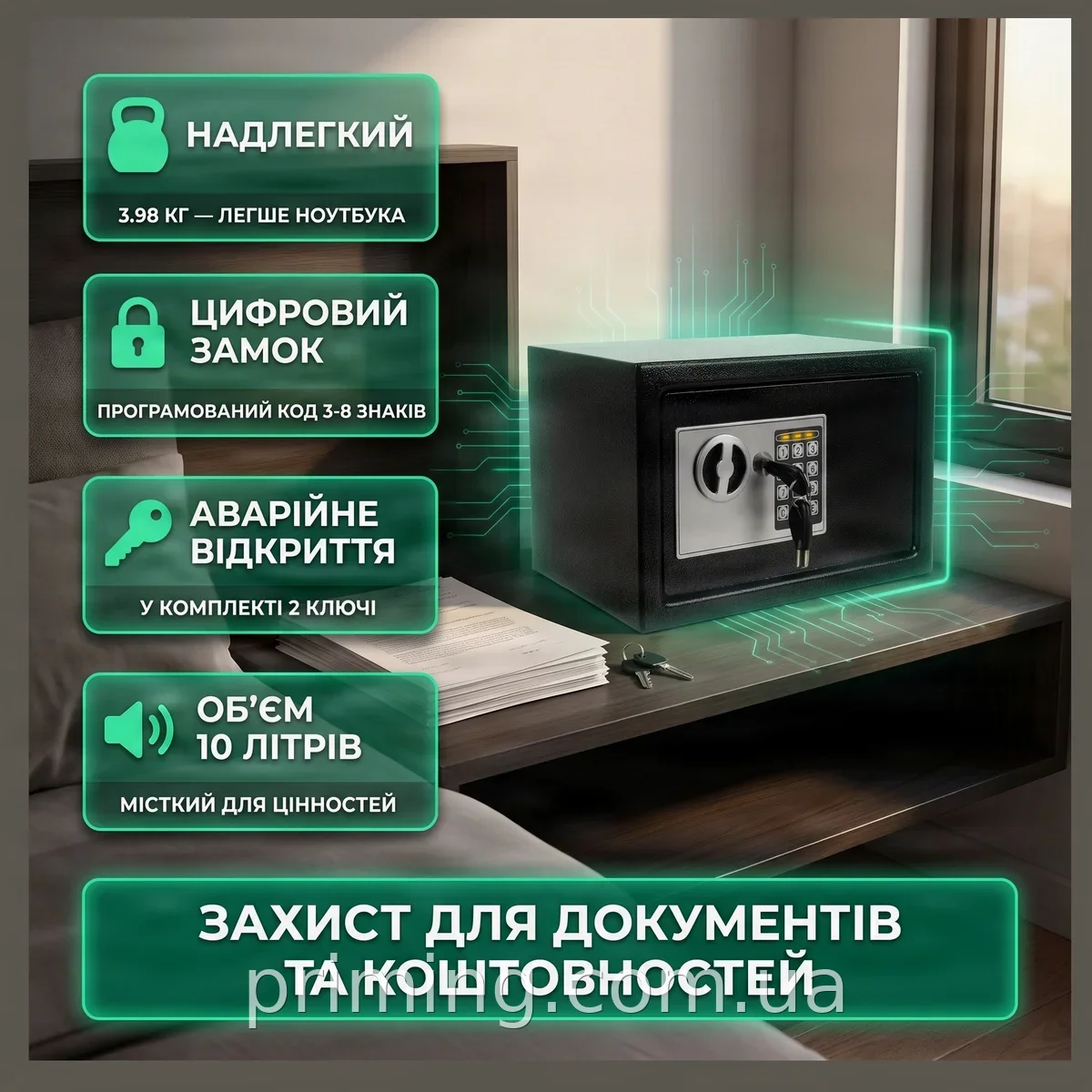 Сейф мебельный электронный с ключом и кодовым замком Malatec 31×20×20 см, чёрный - для дома, отеля и офиса