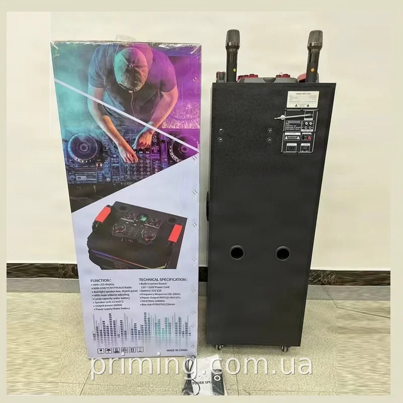 Портативная акустическая система NDR 1226 12 дюймов, 100 Вт, с Bluetooth, двумя микрофонами и пультом ДУ, FM