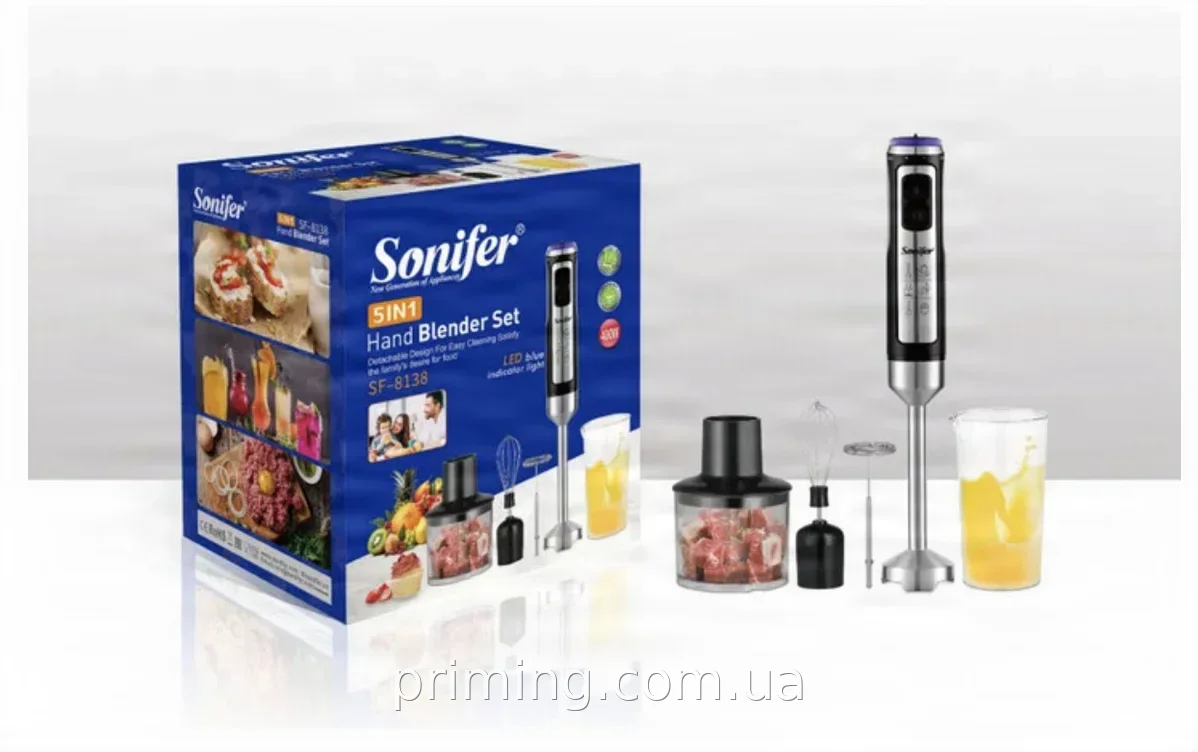 Ручной блендер Sonifer SF-8138 5 в 1, 800 Вт, погружной с металлической ножкой и насадками для нарезки