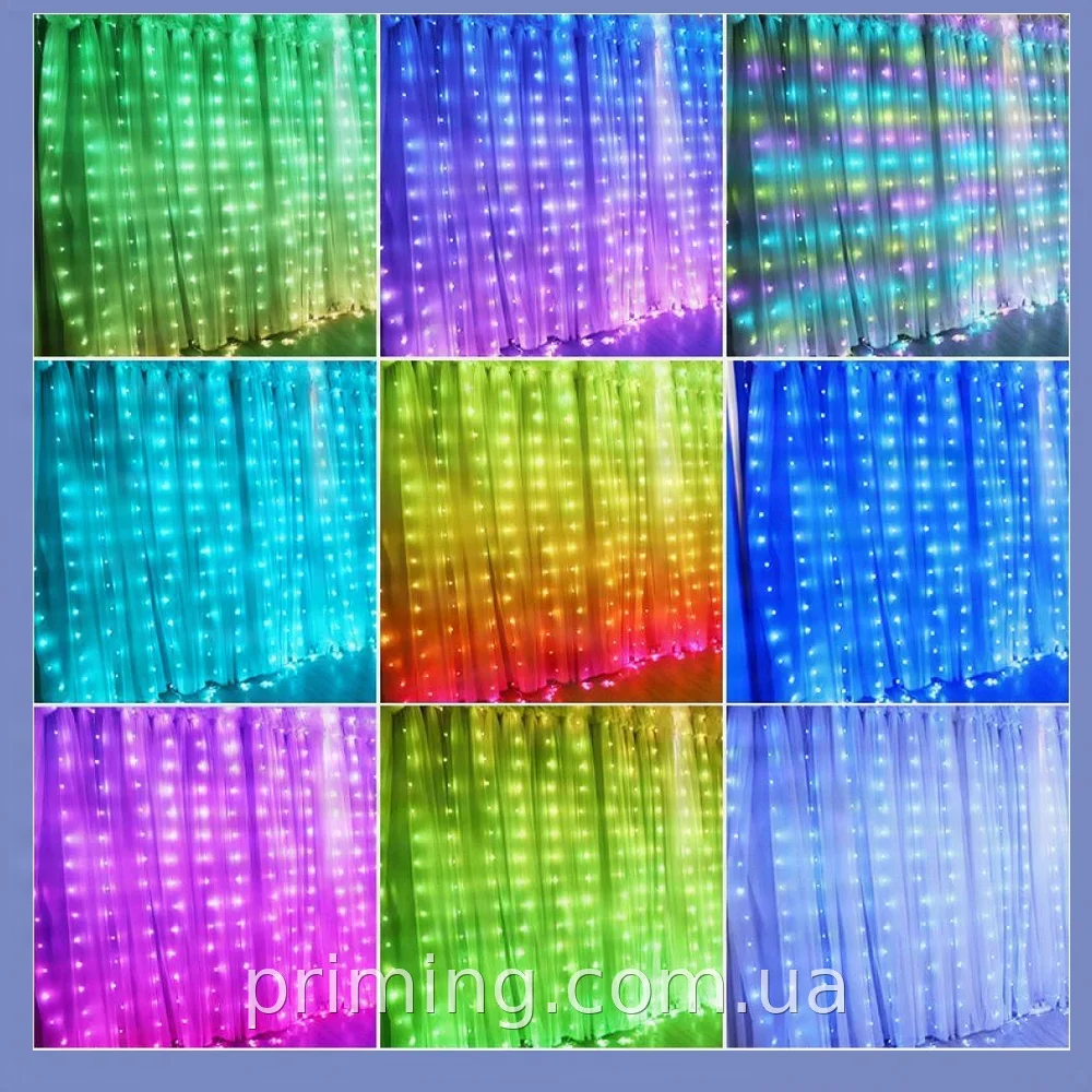 Светодиодная гирлянда-штора 3х2м 400 LED RGB, управление со смартфона и пульта, USB питание, для дома