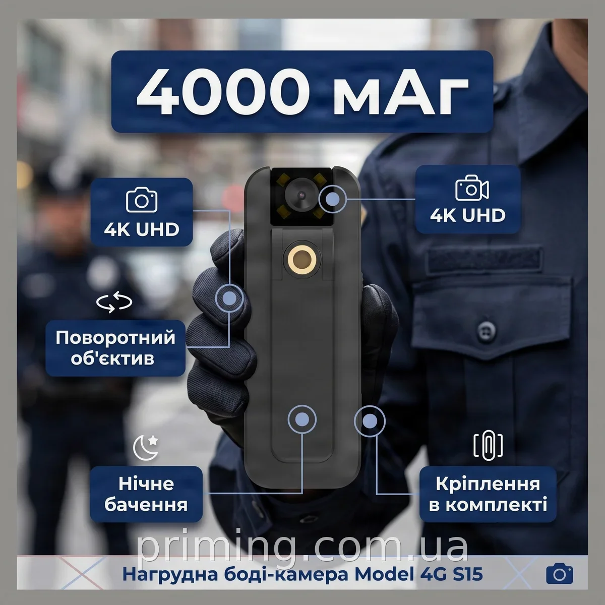 Нагрудная боди-камера-видеорегистратор S15 4G с поворотным объективом, ночным видением и аккумулятором 3000 мАч