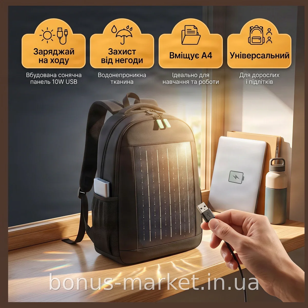 Рюкзак городской с солнечной панелью 10W USB, водонепроницаемый полиэстер, черный, для взрослых и подростков