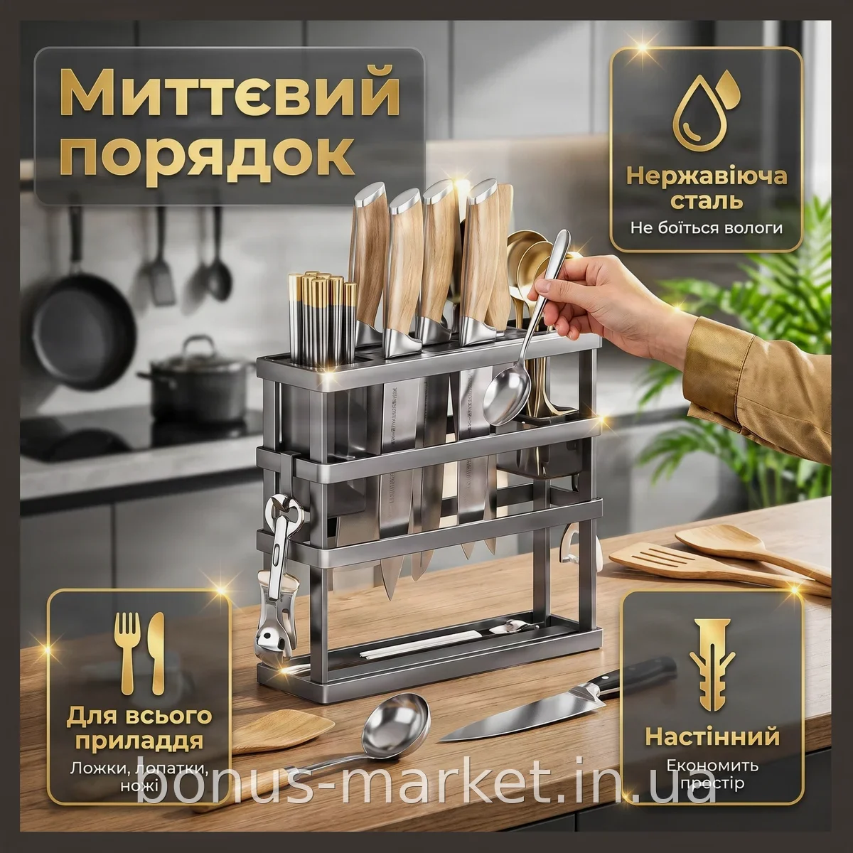 Многофункциональная настенная подставка-органайзер для хранения кухонной посуды и приборов AND-90-10-24pcs