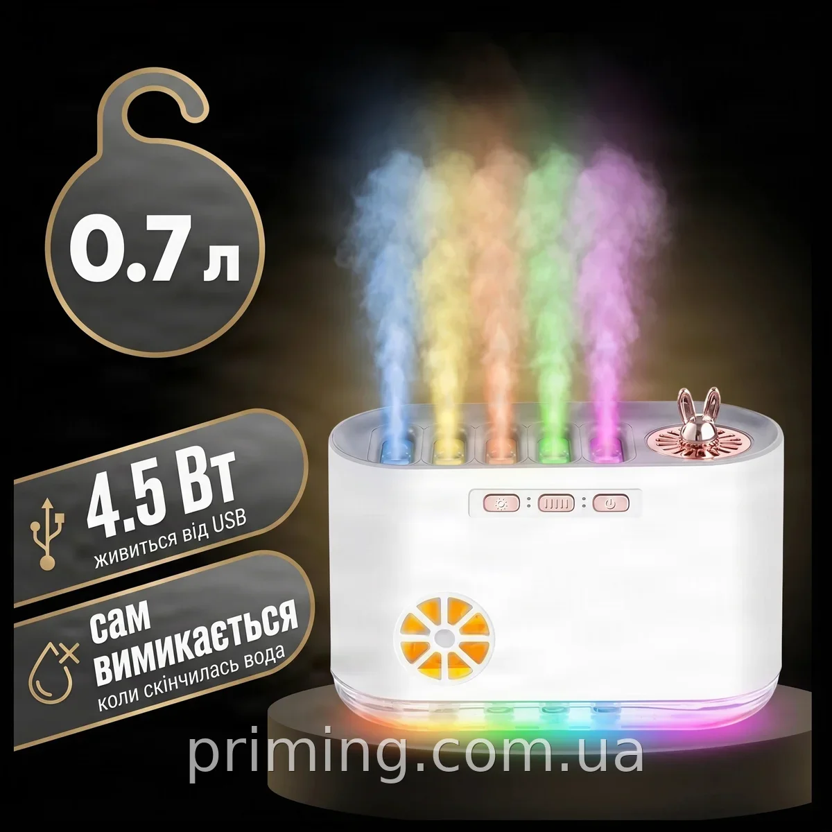 Зволожувач повітря ультразвуковий з RGB-підсвіткою та аромадифузором від USB для дому та дитячої