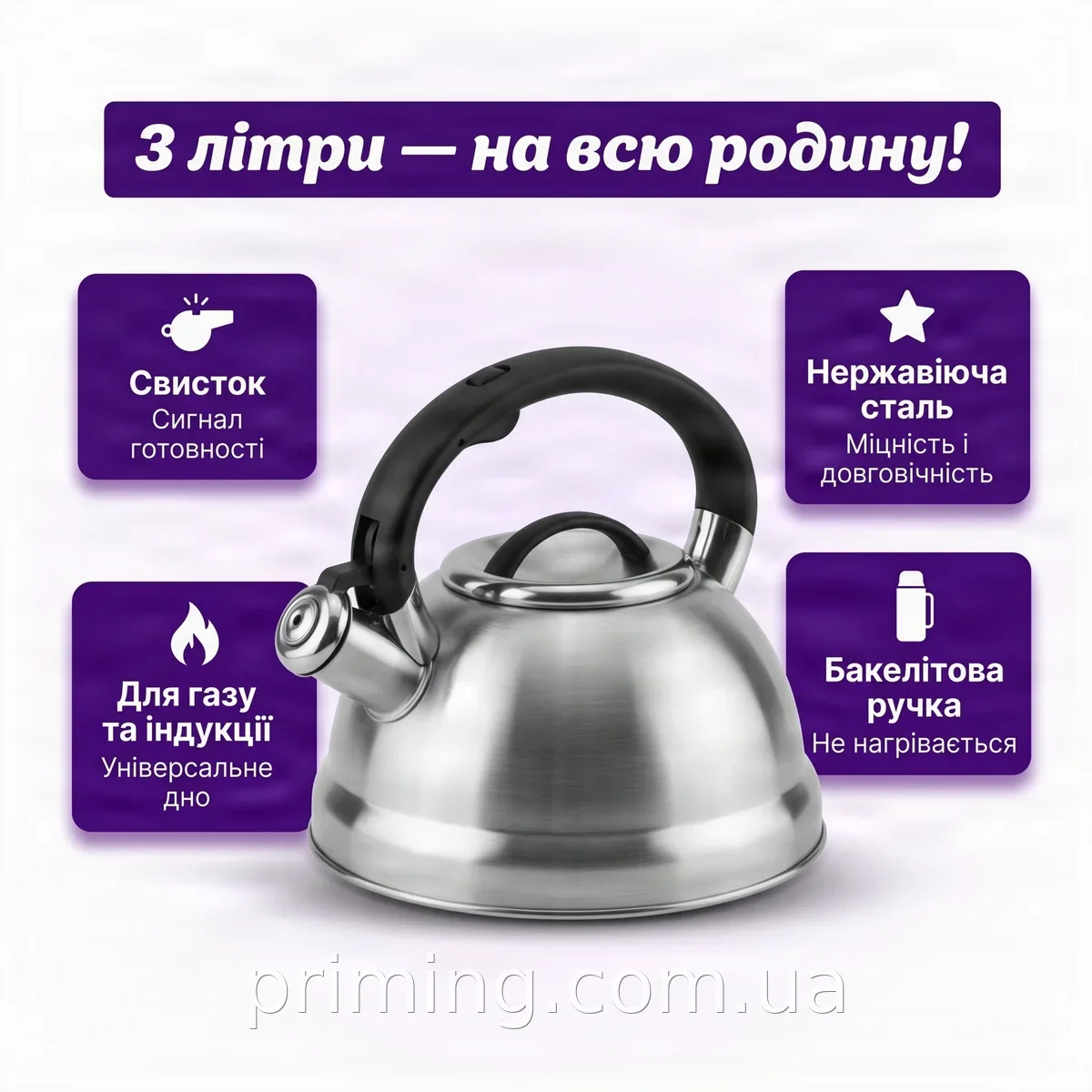 Чайник со свистком из нержавеющей стали 3 л, для газа и индукции, черный, с бакелитовой ручкой Edenberg EB-3539