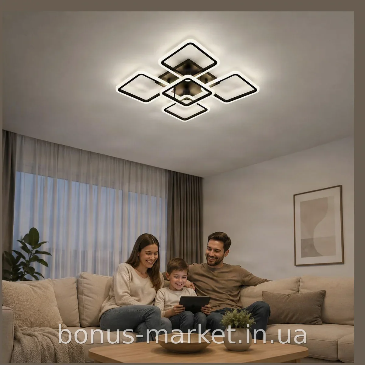 Светодиодная LED-люстра потолочная 120 Вт с пультом ДУ, 3 режима, квадратная, X-596, черная для гостиной