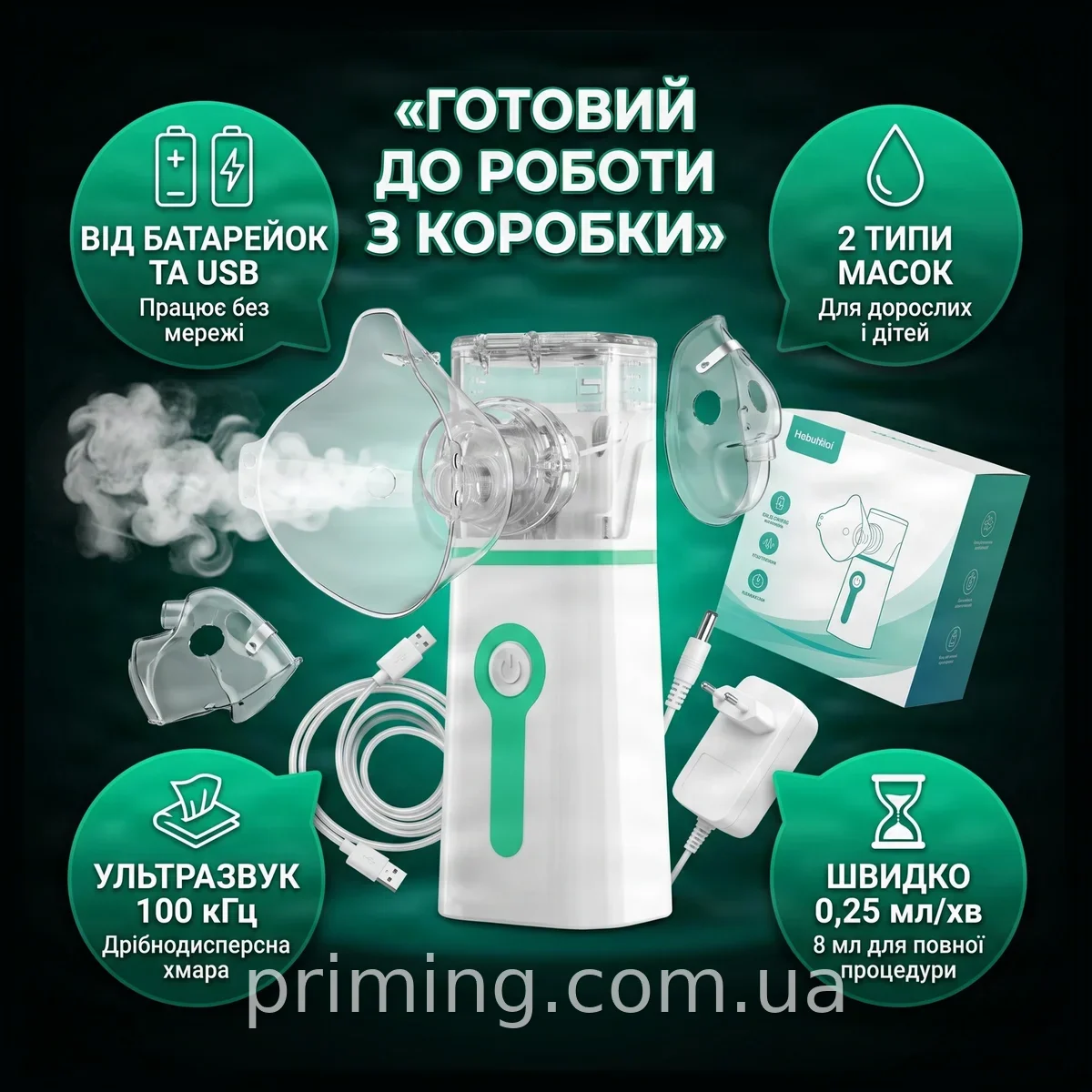 Портативний ультразвуковий інгалятор-небулайзер M 202 для дорослих і дітей з живленням від батарейок або USB