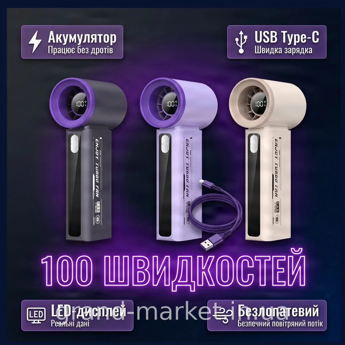 Акумуляторний ручний вентилятор T-08 безлопатевий з LED-дисплеєм, USB Type-C зарядкою, 100 швидкостей для дому