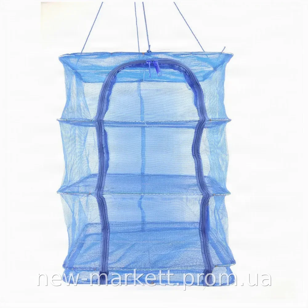Сетка подвесная для сушки рыбы, овощей, фруктов и грибов, 3 яруса 45x45x65 см, до 5 кг, синяя