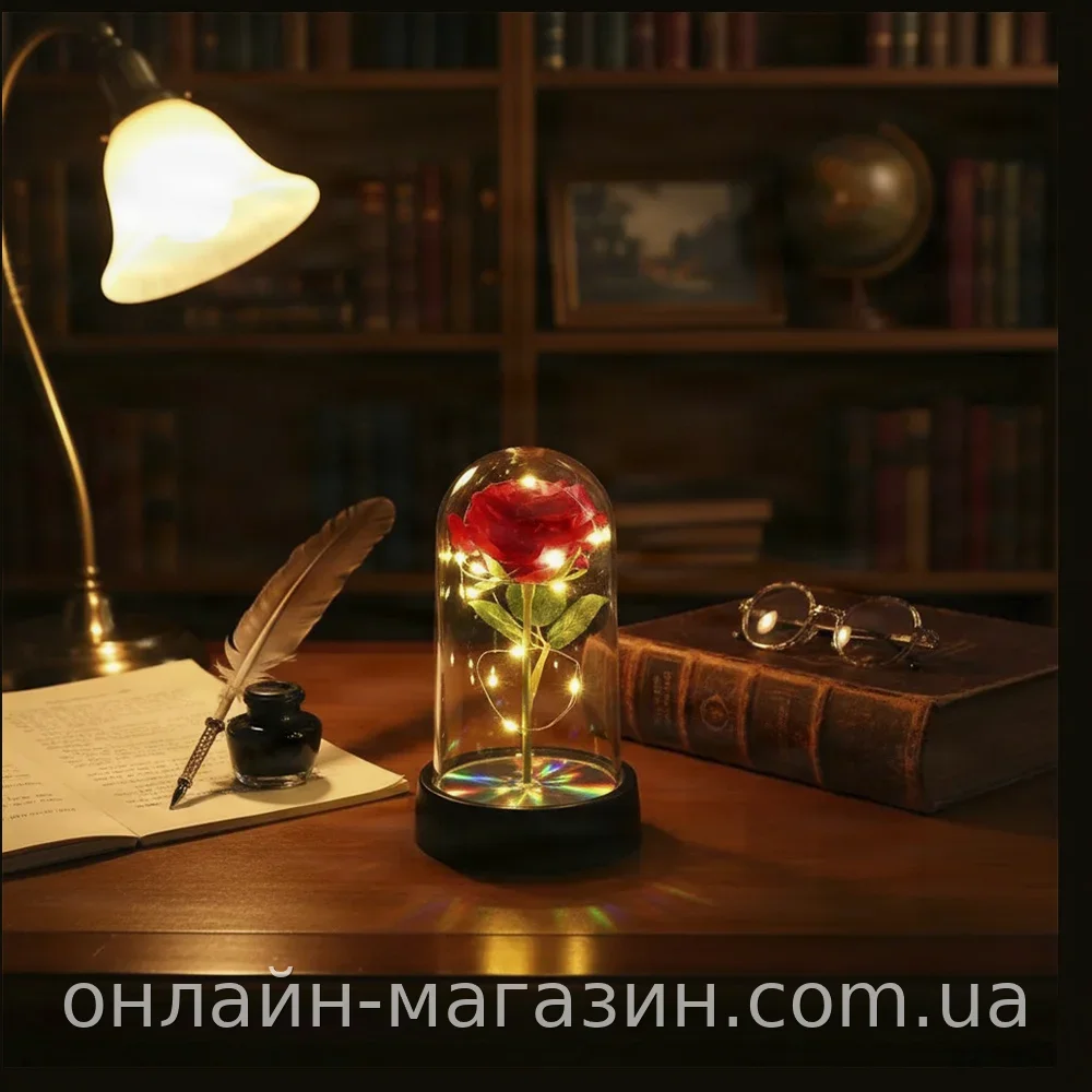 Світильник-нічник з червоною трояндою в колбі, світлодіодна гірлянда на батарейках, декоративний подарунок для неї