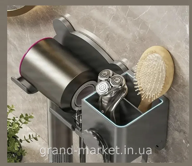 Настенный держатель для фена с органайзером металлический Storage Shelf AND-74-20 для хранения в ванной