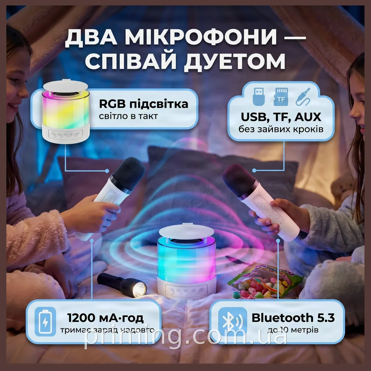 Портативна Bluetooth колонка K19 караоке з двома бездротовими мікрофонами, RGB підсвіткою та стереозвуком 5 Вт