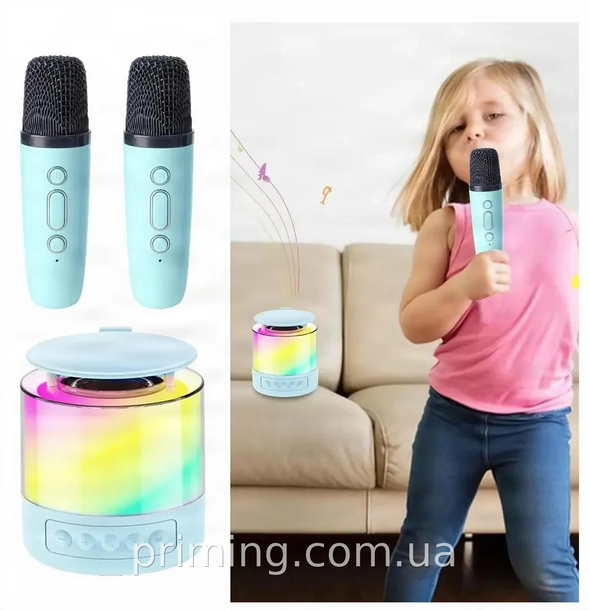 Портативна Bluetooth колонка K19 караоке з двома бездротовими мікрофонами, RGB підсвіткою та стереозвуком 5 Вт