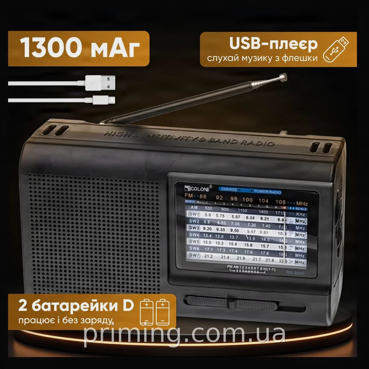 Аккумуляторный радиоприемник Golon RX 3040 FM/AM/SW Black с USB, механической настройкой и медиаплеером 3 Вт
