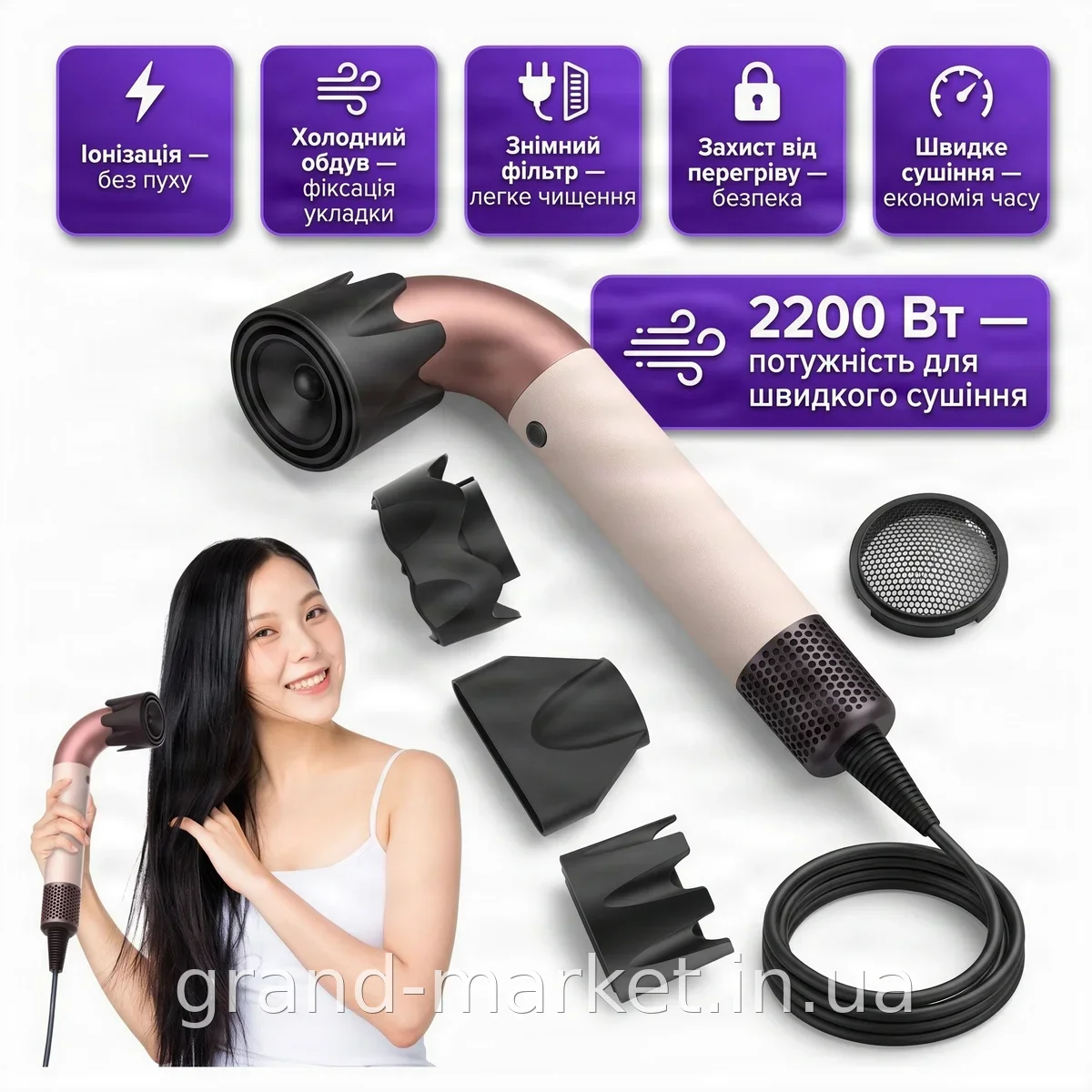 Фен для волос Safmax 2200 Вт с ионизацией, 3 насадки-концентратора, 3 режима нагрева, 2 скорости, холодный обдув