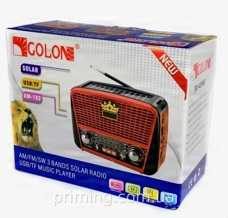Портативний радіоприймач Golon RX-BT 456 - сонячна батарея, акумулятор, USB, FM/AM, чорний, міні