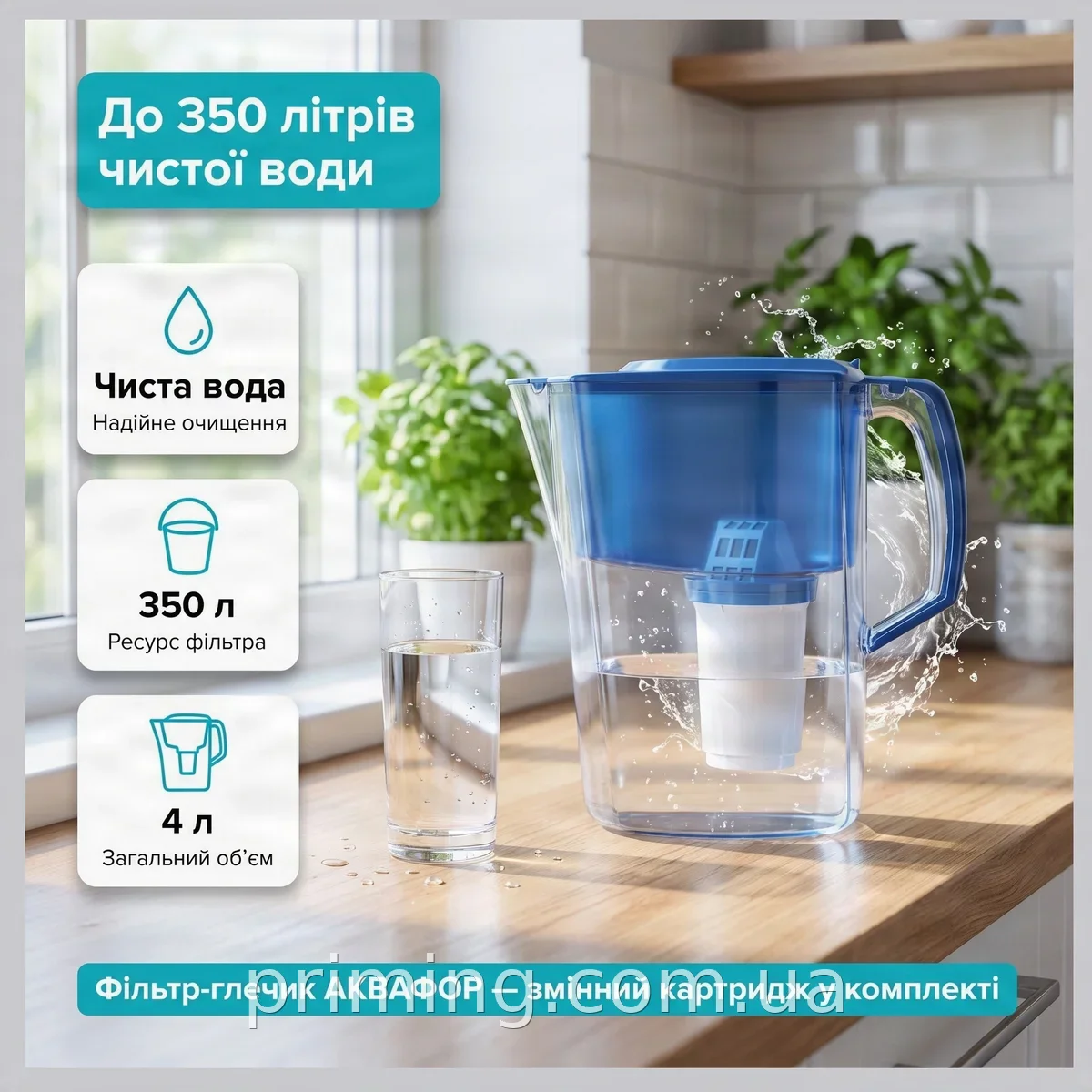 Фильтр-кувшин Аквафор Океан синий 4 л для холодной воды с картриджем А5 в комплекте, компактный корпус 258 мм