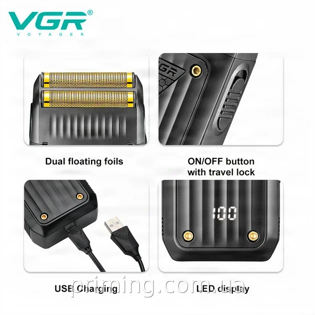 Електробритва VGR V-363 акумуляторна, подвійне лезо, LED дисплей, USB зарядка, для сухого та вологого гоління