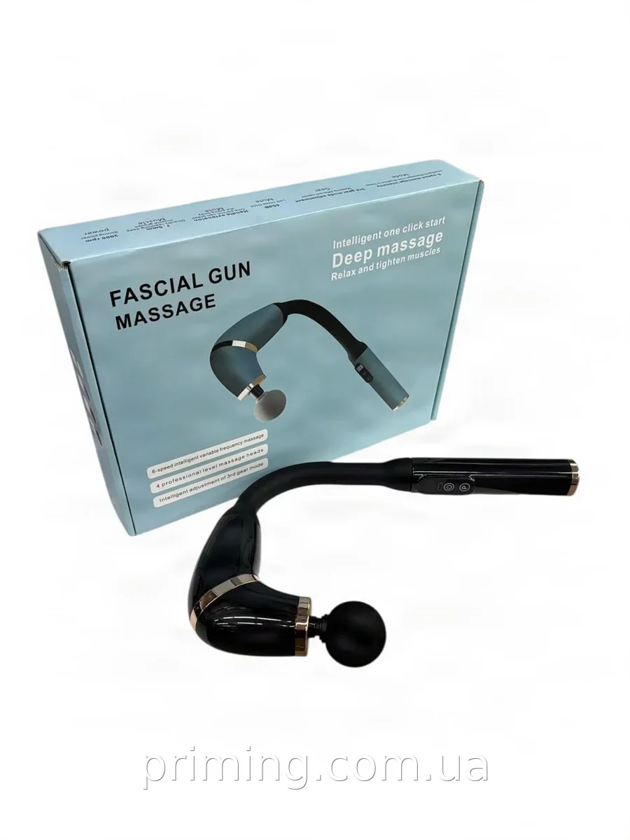 Перкуссионный массажёр пистолет Fascial Gun ART-4155 с выдвижной ручкой, 6 режимов и 4 насадки для спины и шеи