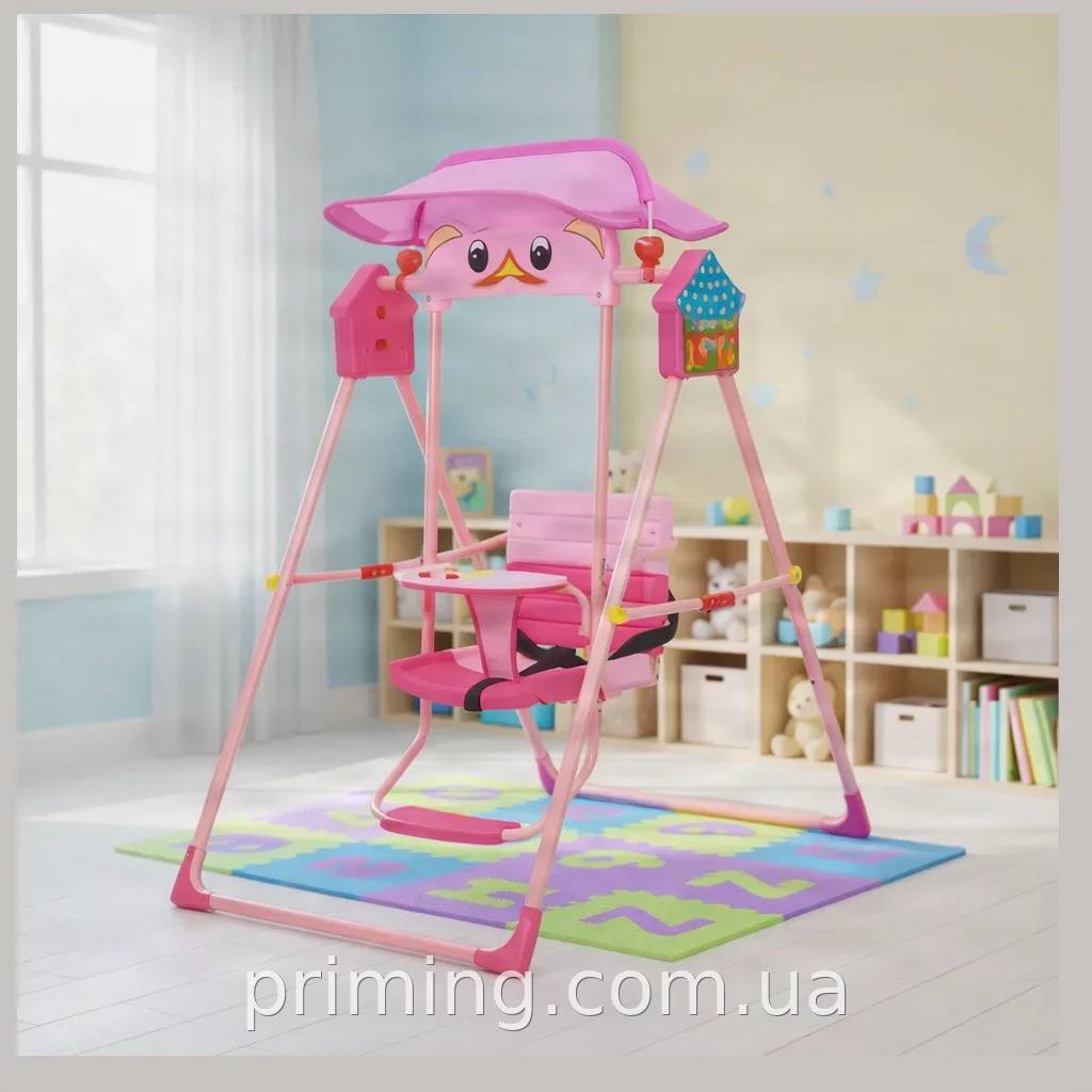 Детские складные качели Esonstyle X623 розовые с козырьком, музыкой и подсветкой для дома и улицы, от 2 лет