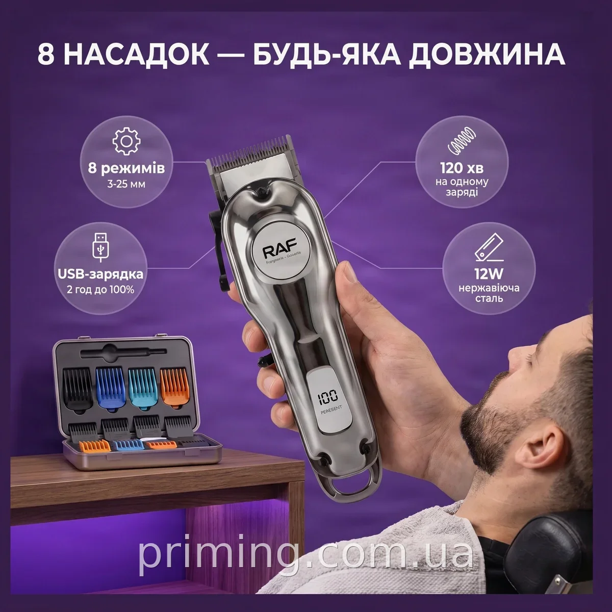 Бездротова машинка для стрижки волосся та бороди тример RAF R4030, 8 насадок, акумулятор на 120 хвилин, USB