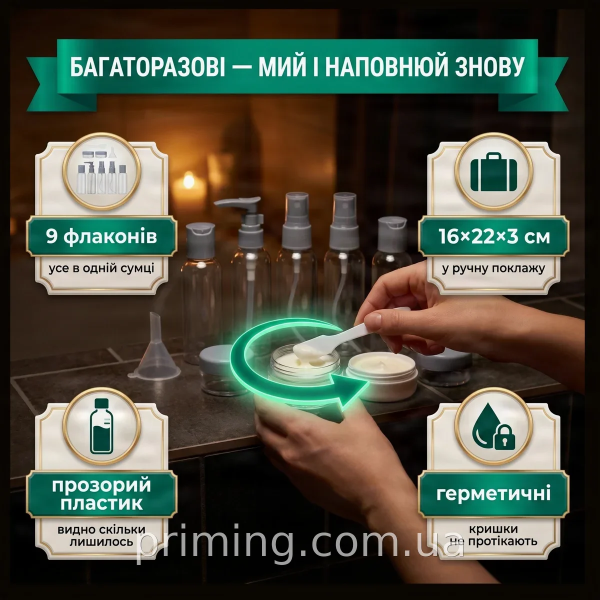 Набор дорожных бутылочек с распылителем и крышками 9 in 1 Travel Bottle Set для шампуня и лосьонов, пластик