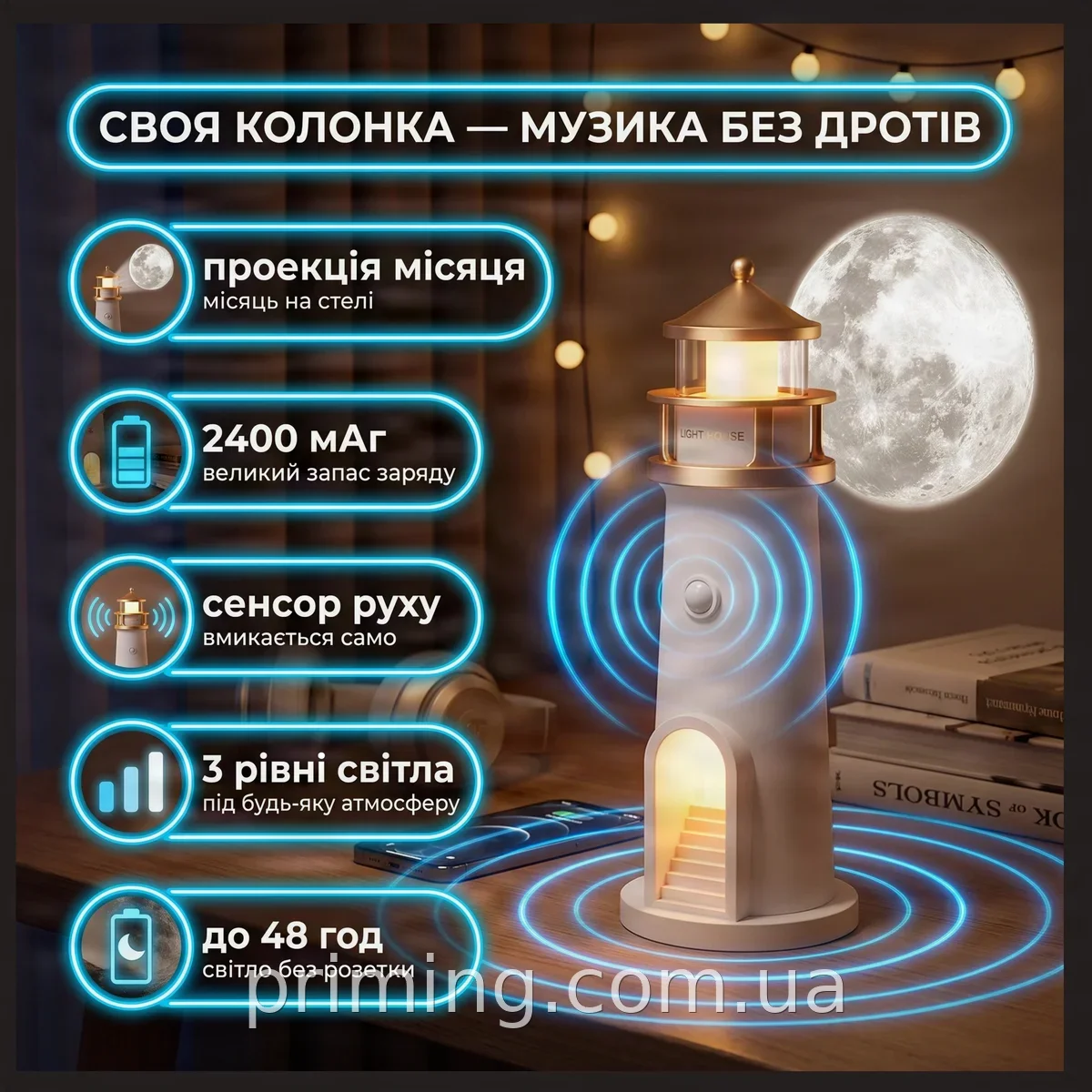 Аккумуляторный ночник-проектор «Маяк» с проекцией луны, светодиодный, Bluetooth и пультом ДУ, модель MG-AD8