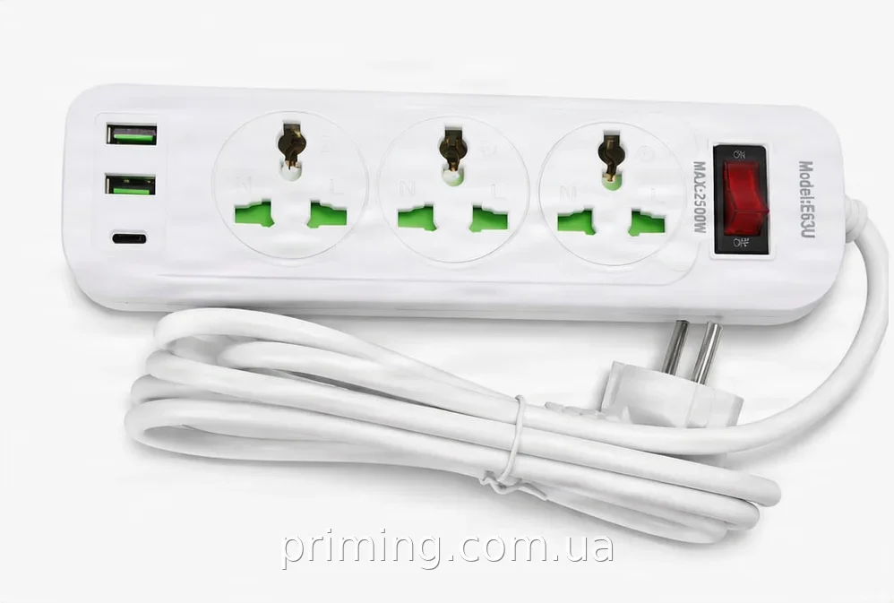 Сетевой фильтр-удлинитель 3 розетки, USB-порты, белый разветвитель AND WL-5 для дома и офиса, с подсветкой