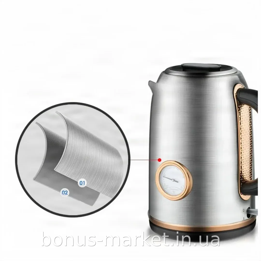 Электрический чайник Domotec MS-7849 из нержавеющей стали, 1.7 л, 2200 Вт, с термометром и автоотключением