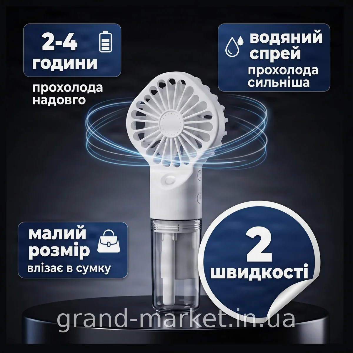 Портативний ручний вентилятор з розпиленням води AND EHF-12, USB настільний, 2 швидкості обдування