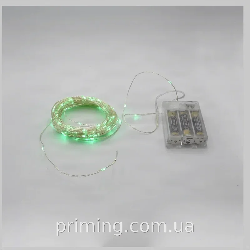 Светодиодная гирлянда-роса 20 м на батарейках Copper Wire 200G-1, зеленое свечение, прозрачный медный провод