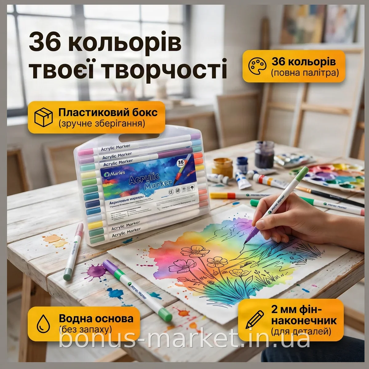 Набор акриловых маркеров 36 цветов в пластиковом боксе для рисования и скетчинга, толщина линии 2 мм