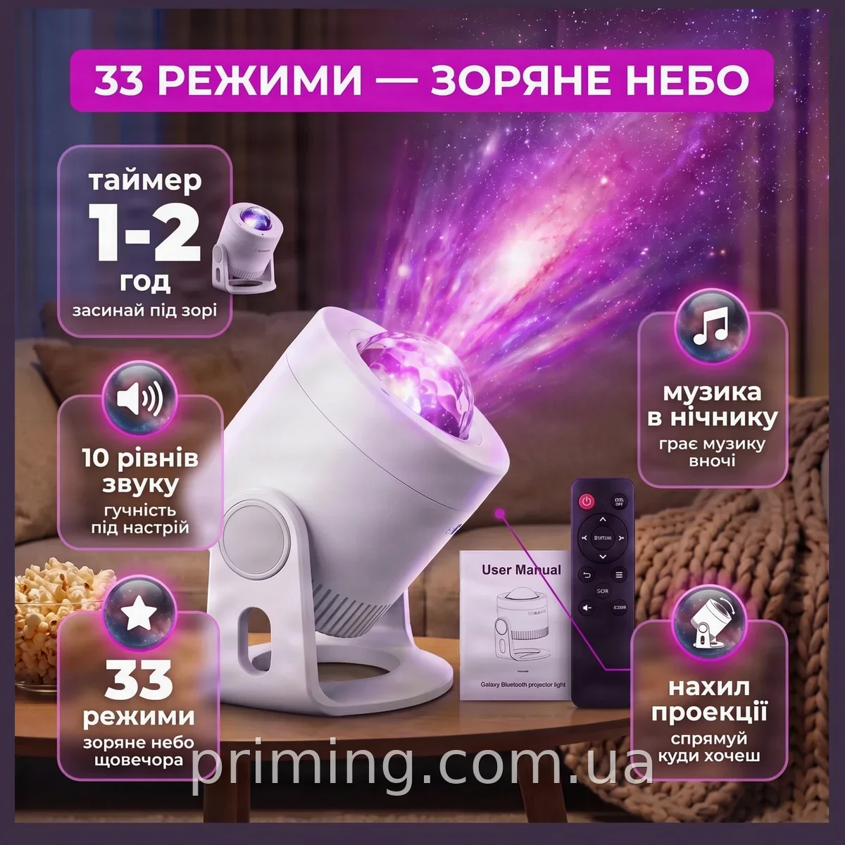 Ночник-проектор AND LY-1069 «Звёздное небо» накладной LED, RGB-подсветка, 33 режима, таймер, для комнаты