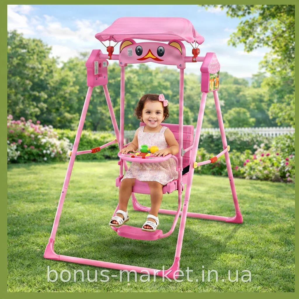 Детские складные напольные качели Esonstyle X623 розовые, с козырьком от солнца, музыкой и подсветкой для дома