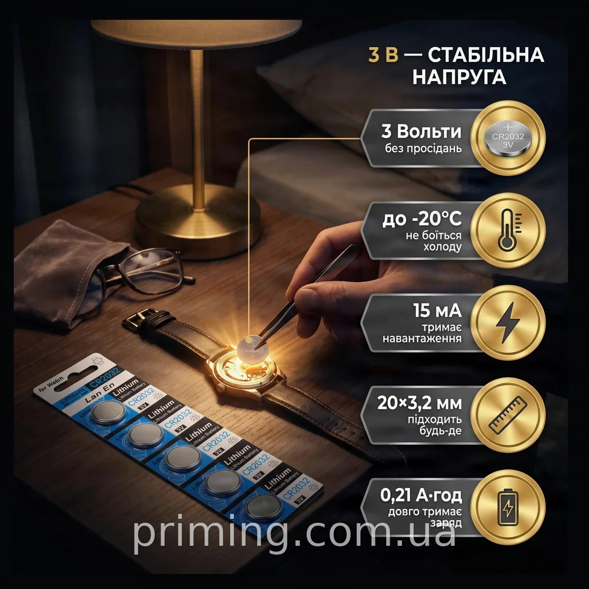 Літієва батарейка CR2032 3V для брелоків та іграшок, надійне джерело живлення для дому, діаметр 20 мм