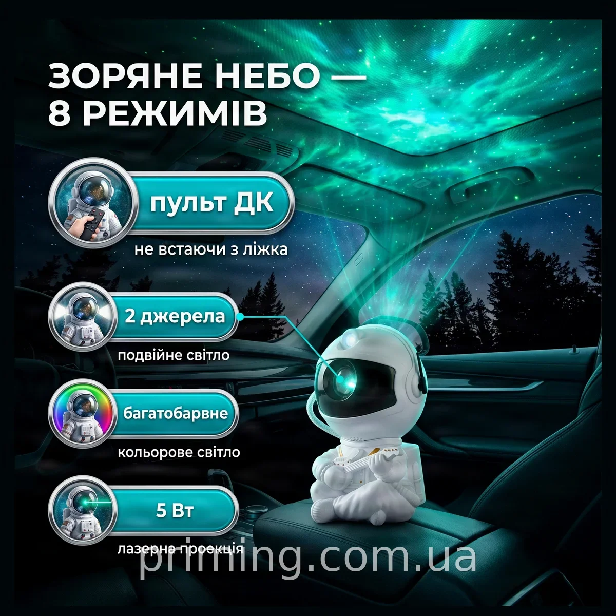 Ночник-проектор звездного неба и галактик лазерный, от USB, белый, с пультом ДУ, LED, 5 Вт, IP54, 8 режимов
