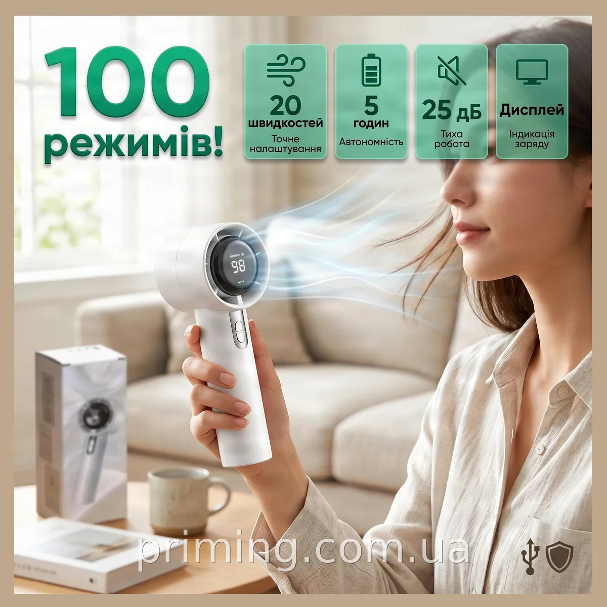 Аккумуляторный мини ручной вентилятор FAM AND1399 портативный с LED дисплеем 20 скоростей для поездок и работы