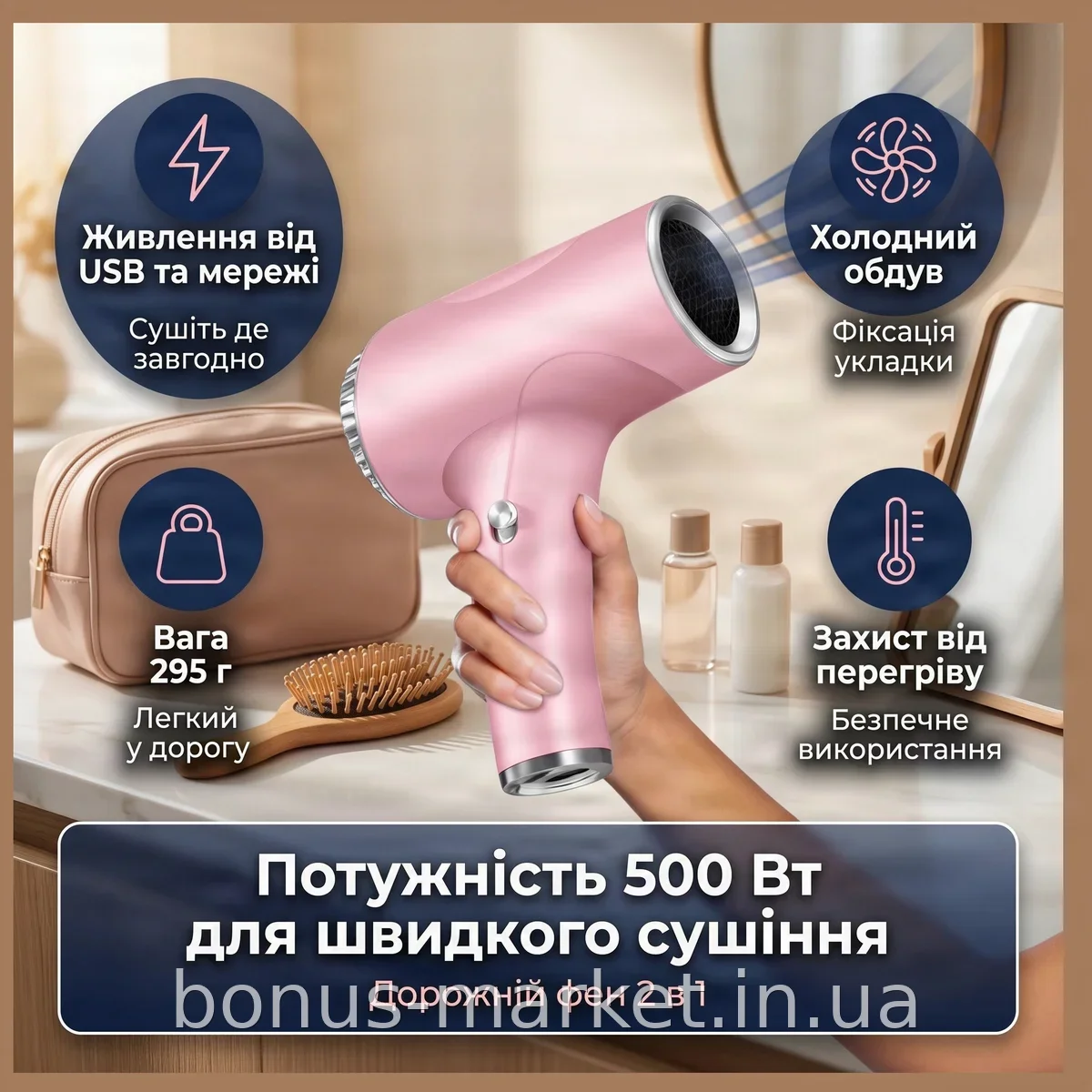 Аккумуляторный фен для волос 500 Вт, портативный, от сети и USB, защита от перегрева, зеленый, дорожный
