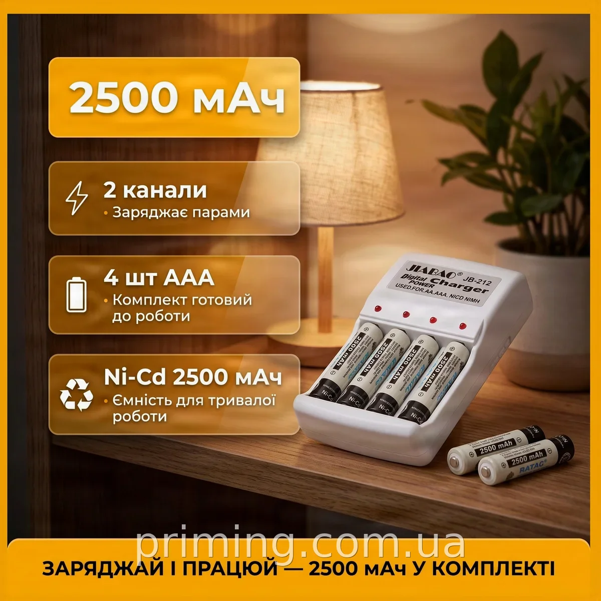 Зарядное устройство-комплект с 4 аккумуляторами AAA Ni-Cd 2500 мАч, белый, для батареек мизинчиковых
