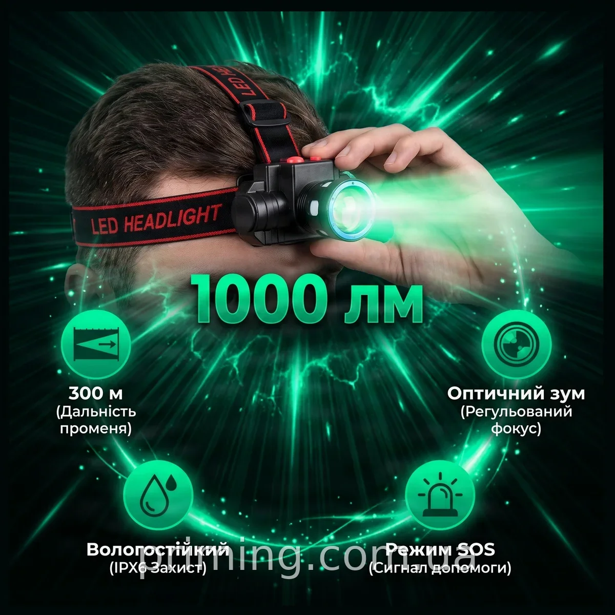 Налобный светодиодный фонарь аккумуляторный с оптическим зумом 1000 лм, дальность 300 м, влагостойкий, черный