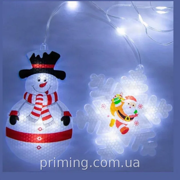 Светодиодная гирлянда Штора Фигурки 3D снеговик и снежинки 3м x 70см 95LED белый теплый свет для дома