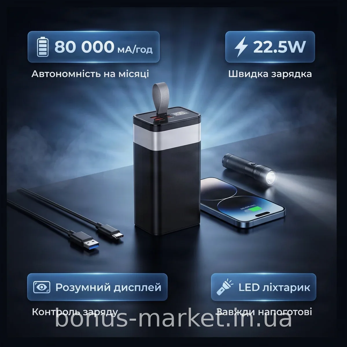 Внешний аккумулятор Power Bank Awei J86 80000 мАч, 22.5 Вт быстрая зарядка, дисплей и фонарик