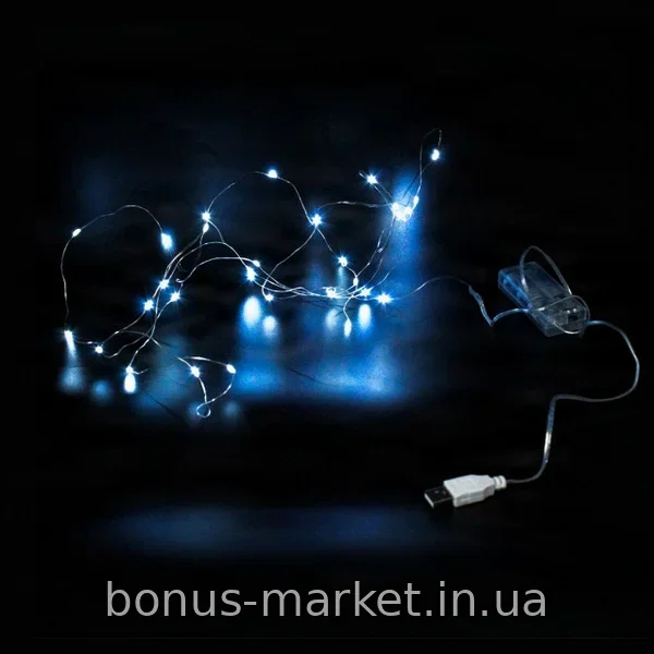 Гірлянда світлодіодна 30 LED 3 м на мідному дроті крапля роси, від батарейок та USB синя, для інтер'єру