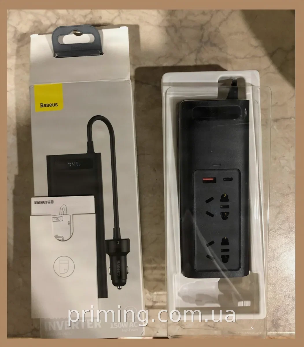 Автомобильный инвертор Baseus 150W, преобразователь 12V в 220V, 2 розетки, USB и Type-C, черный для авто