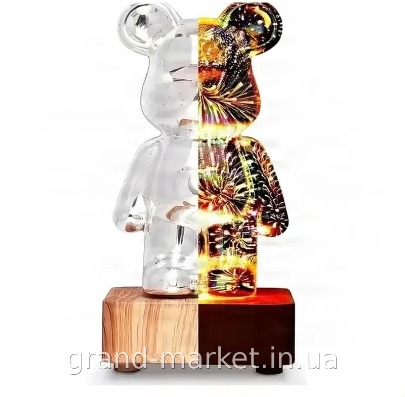 3D нічник Ведмедик Bearbrick скляний RGB 8 кольорів, світлодіодний з кнопкою на корпусі - для дому та в подарунок