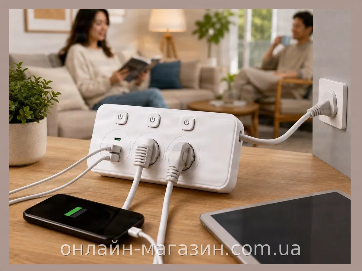Сетевой фильтр-удлинитель AND WL-6 на 2 универсальные розетки и 3 USB с кнопками, 2500 Вт для дома и офиса