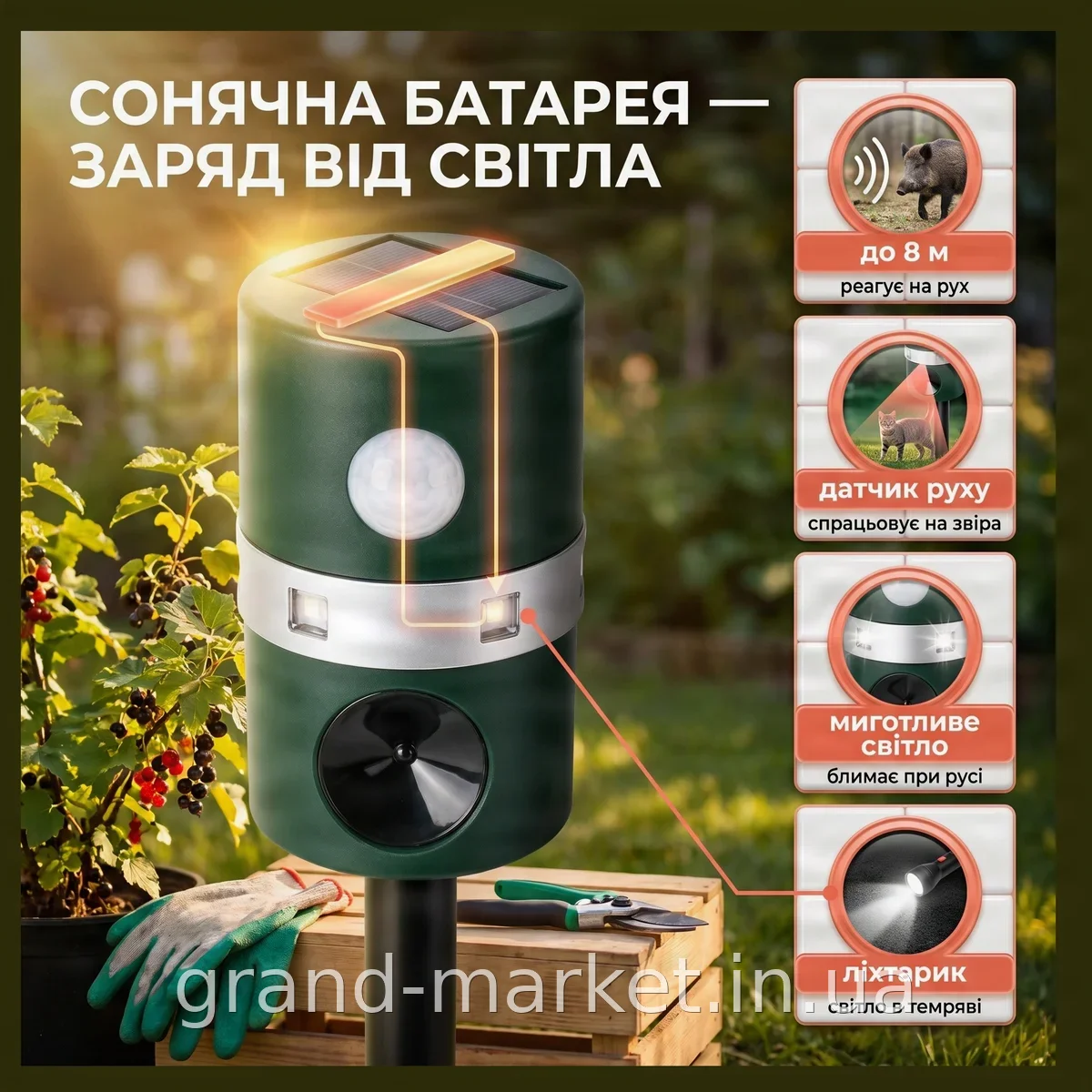 Ультразвуковой отпугиватель животных на солнечной батарее с датчиком движения и мигающим светом для сада