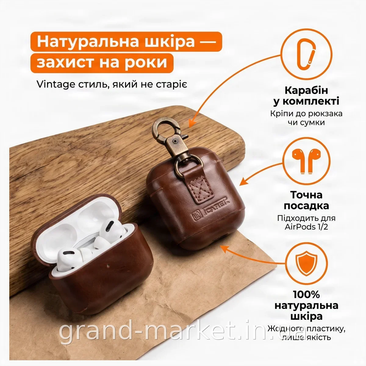 Чохол для AirPods 1 і 2 покоління iCarer Vintage шкіряний з карабіном на пояс, коричневий, виріз під зарядку